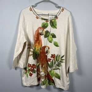 Alfred Dunner Beige Oatmeal Parrots Birds Top Beaded Trim Women's Plus Size 1X